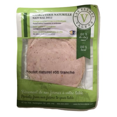 A package of Les Fermes Valens roasted chicken, featuring fully cooked, seasoned chicken ready to serve.