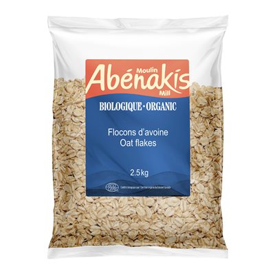 A bag of ABÉNAKIS organic oats, featuring whole grain oats in natural, resealable packaging.