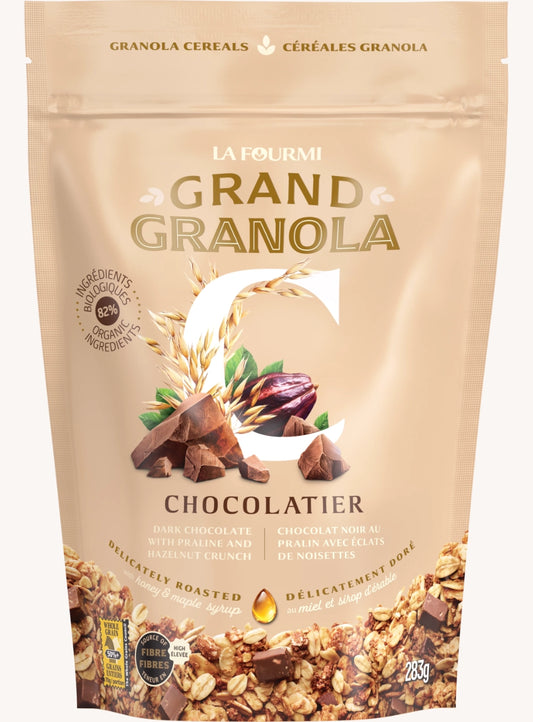 Brown package of nature dark chocolate with praline and hazelnut crunch grand granola by La Fourmi