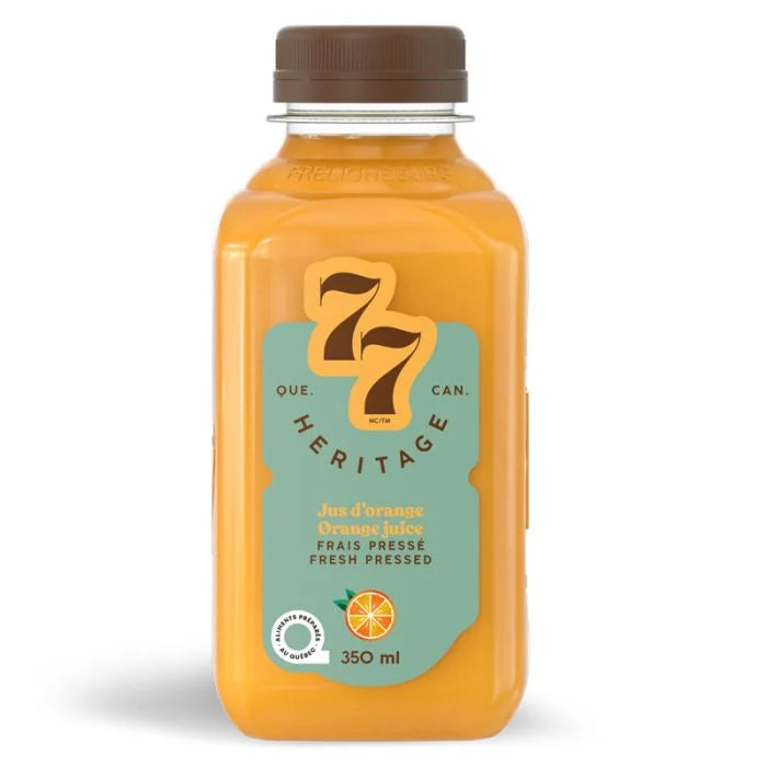 A bottle of Héritage 77 fresh pressed orange juice (350 ml), showcasing a vibrant citrus juice in a clear bottle with branded packaging.