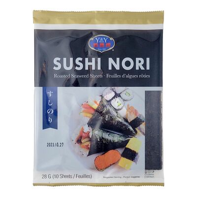A package of Y&Y Sushi Nori roasted seaweed sheets (28g, 10 sheets) with an image of sushi rolls on the front