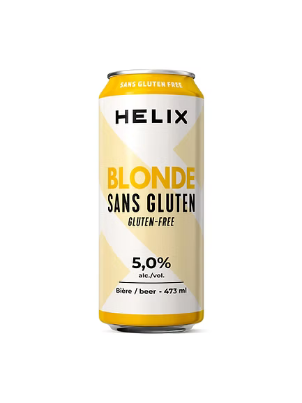 A bottle of Microbrasserie Nouvelle France gluten-free blonde beer, showcasing a clear golden hue and a smooth, easy-drinking style