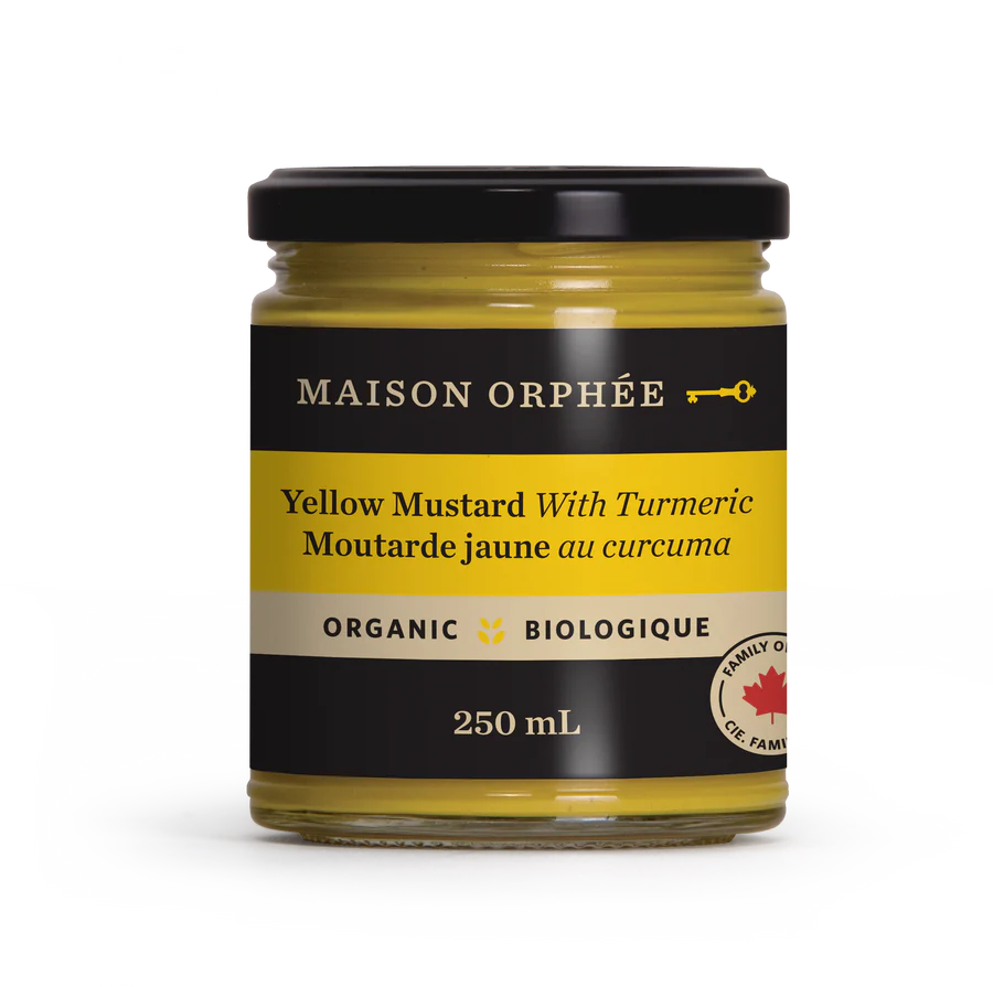 A jar of Maison Orphée organic yellow mustard, featuring a smooth, tangy mustard made with organic ingredients in branded packaging.