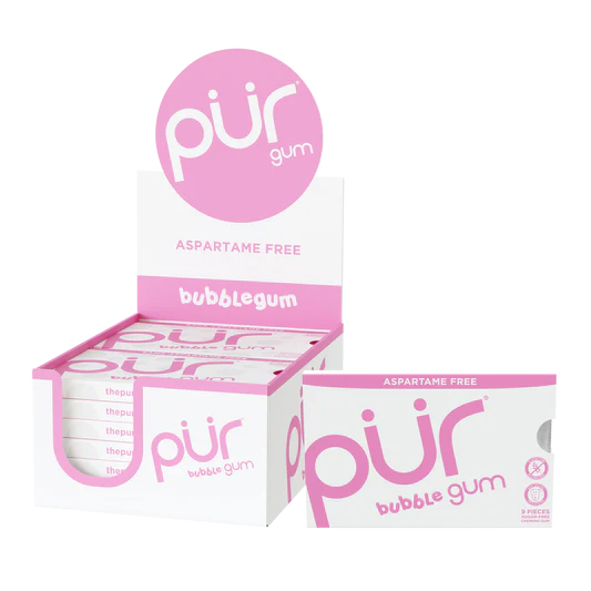 Pink and white pack of 9 PÜR bubblegum flavoured aspertame free gum