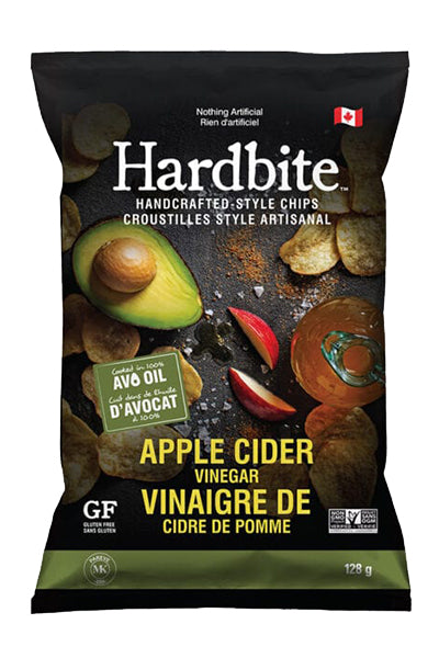 A bag of Hardbite potato chips Apple Cider Vinegar, highlighting crispy chips with a tangy, vinegar-forward seasoning.