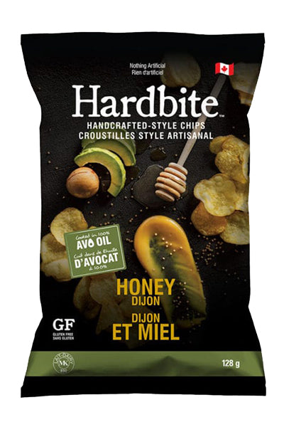 Bag of Hardbite honey dijon chips with avocado and honey on a dark background