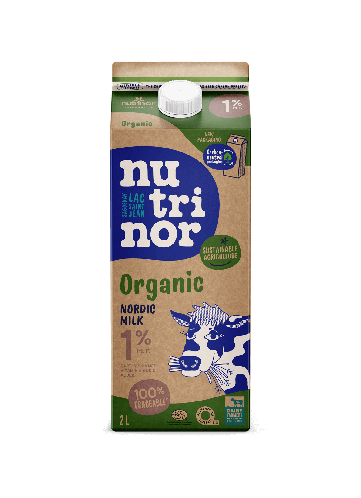 A 2L carton of Nutrinor organic milk 1%, featuring a light, lower-fat milk in branded packaging.