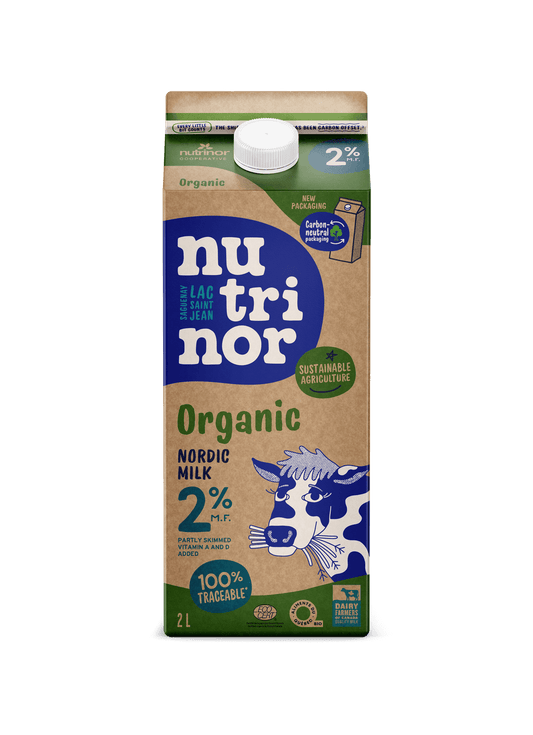 A 2L carton of Nutrinor organic milk 2%, showcasing a smooth, reduced-fat milk in labeled packaging.