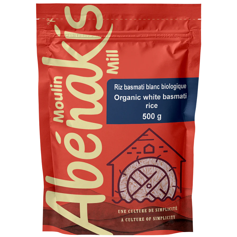A bag of ABÉNAKIS organic white basmati rice, featuring long-grain aromatic rice in resealable packaging.