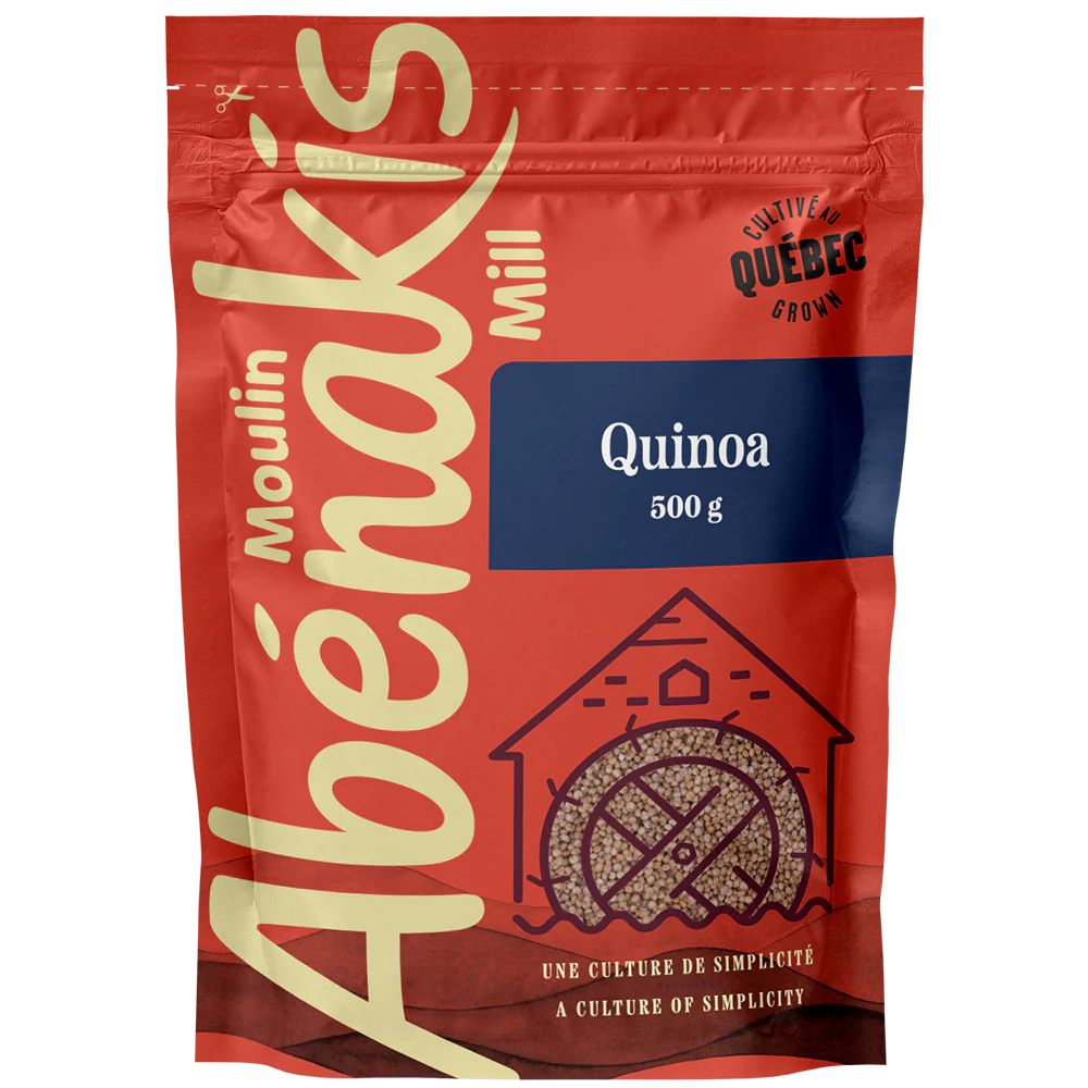 A bag of ABÉNAKIS Quebec quinoa (500g), featuring whole quinoa grains in resealable.