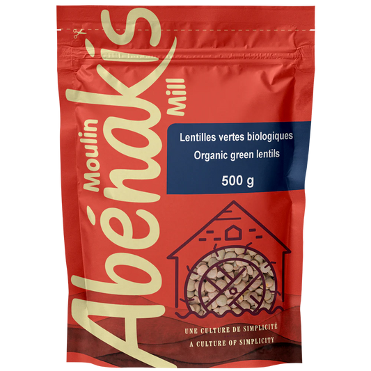 Package of organic green lentils from Moulin Abénakis Mill