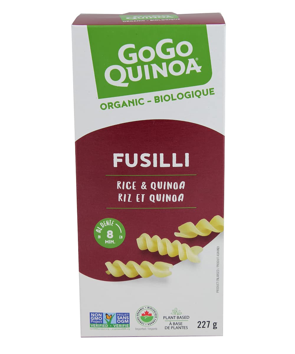 A package of GOGO Quinoa gluten-free rice and quinoa fusilli pasta, showcasing spiral-shaped pasta made from rice and quinoa blend.