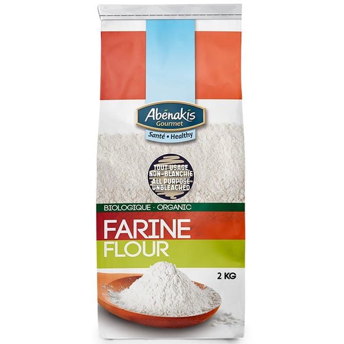 A bag of ABÉNAKIS organic all-purpose unbleached white flour, featuring finely milled flour in natural, resealable packaging. (2KG)