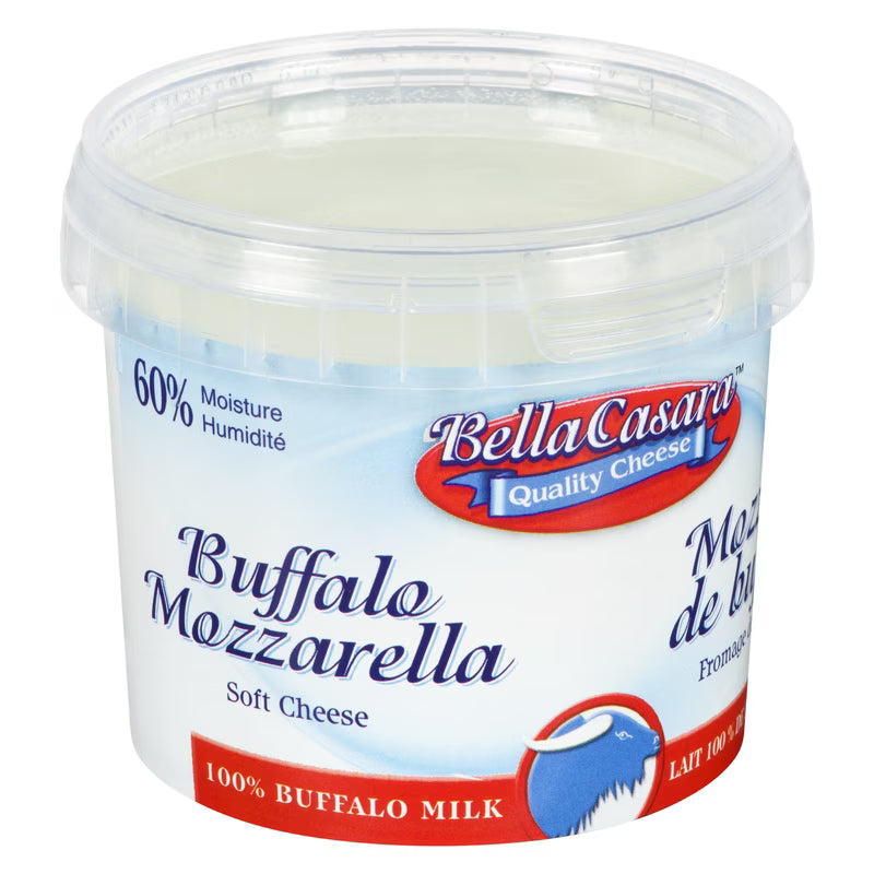 A package of Bella Casara buffalo mozzarella, featuring soft white mozzarella balls in liquid, known for its fresh, creamy texture