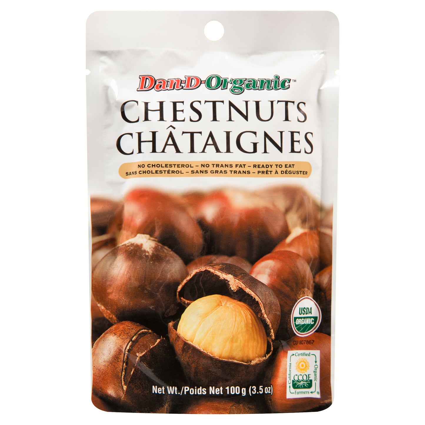 A pouch of Dan-D-Organic chestnuts (100g) labeled “ready to eat,” featuring whole and peeled chestnuts on the packaging with USDA Organic certification.