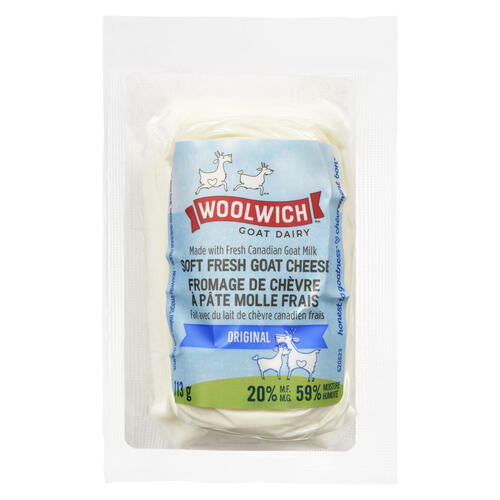 A package of Woolwich Dairy soft fresh goat cheese, featuring a creamy, spreadable texture in branded packaging.