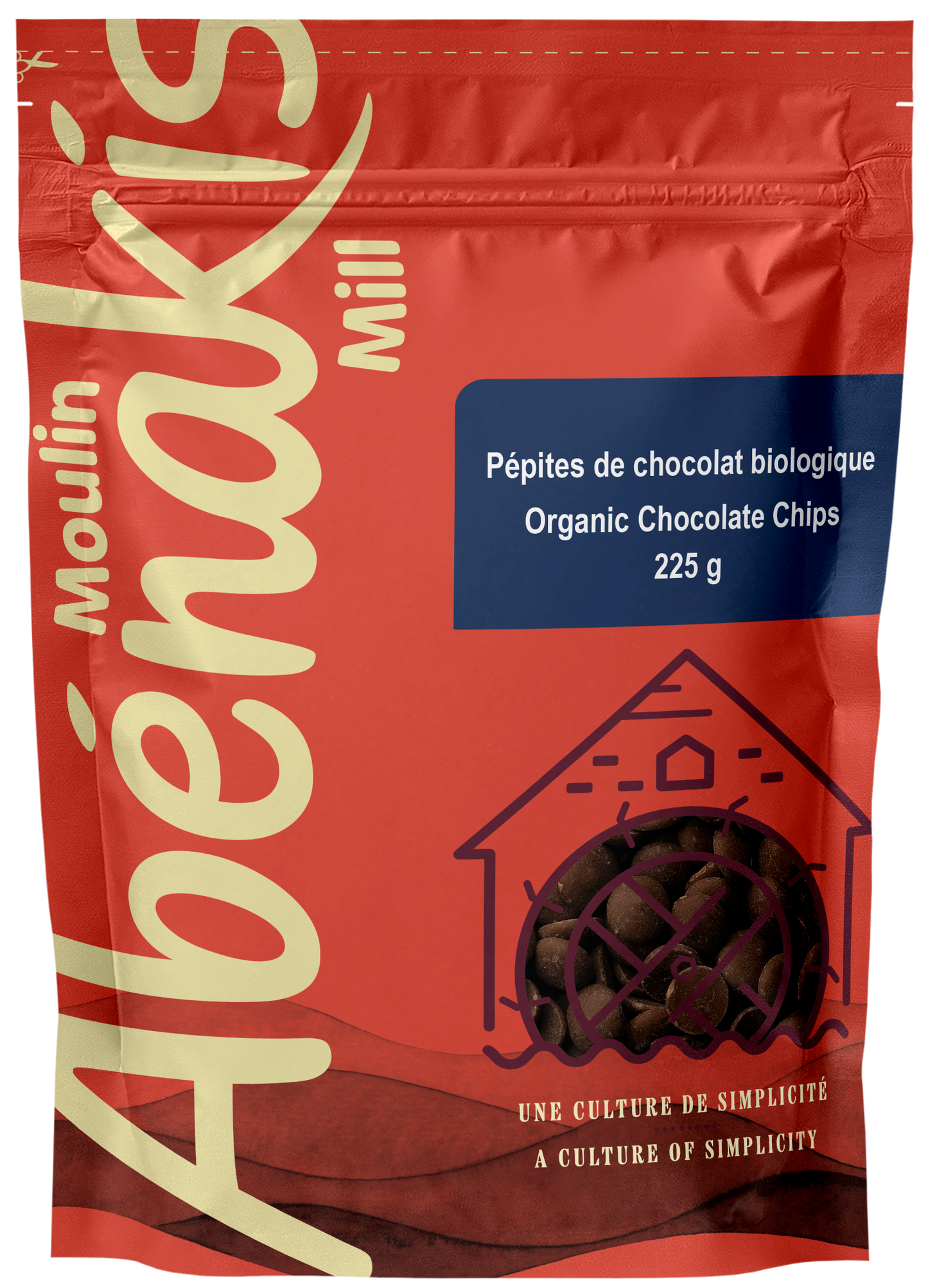 Orange bag of oulin Abénakis Organic Chocolate chips on a clear background
