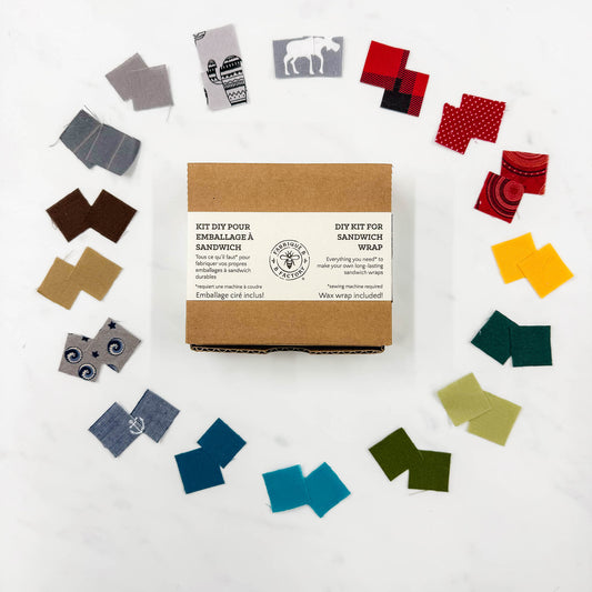A cardboard box with a DIY kit for sandwich wrap on a white surface, with little squares of coloured fabric set in a circle around the box