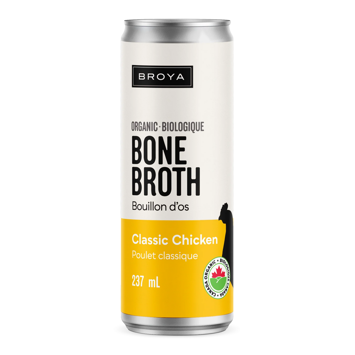 A can of Broya organic chicken bone broth (237 ml) labeled “Classic Chicken,” featuring a white and yellow design with an organic certification logo