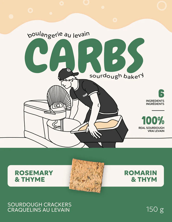 White and green box of rosemary and thyme flavoured sourdough crackers by CARBS.
