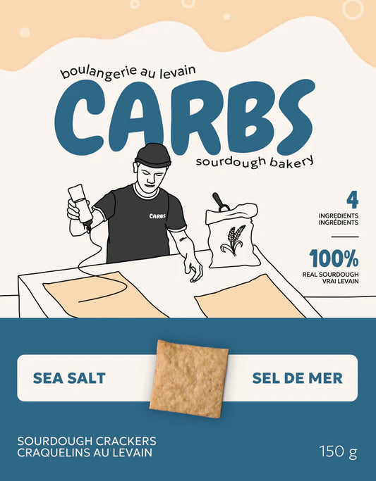 White and blue box of sea salt flavoured sourdough crackers by CARBS.