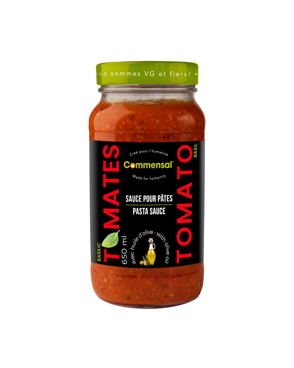 Jar of tomato and basil pasta sauce by Commensal with black label and light green lid