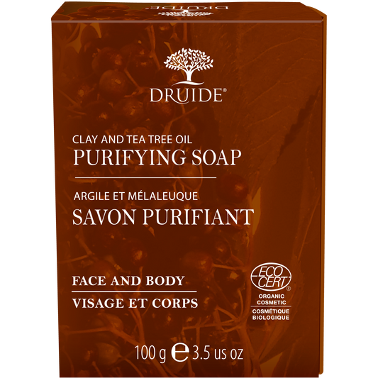A brick coloured box of Druide brand Purifyiing soap with clay and tea tree oil