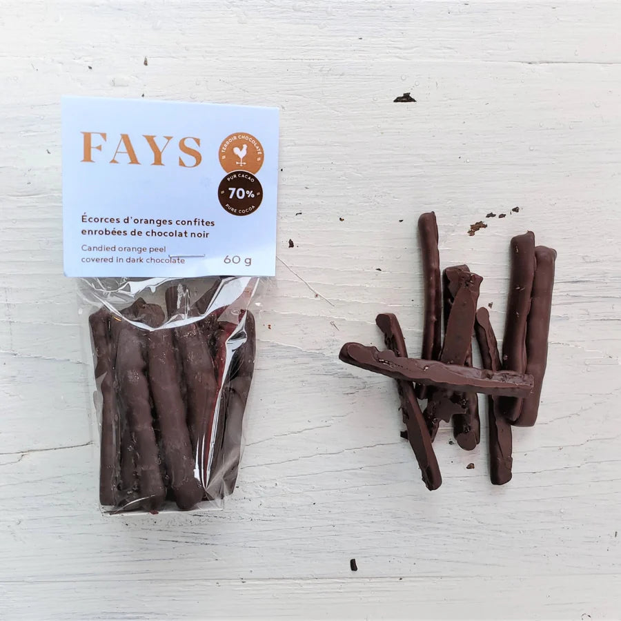 Fays dark chocolate orange peel sticks with packaging on a white surface