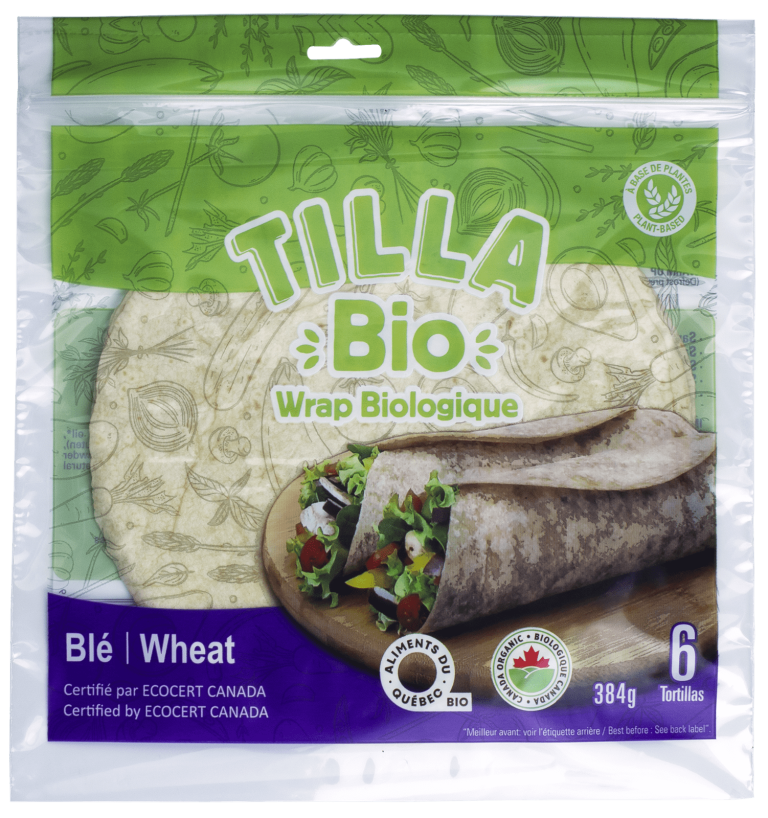 A package of Tilla whole wheat tortillas, featuring soft, flexible flatbreads made from whole wheat in branded packaging.