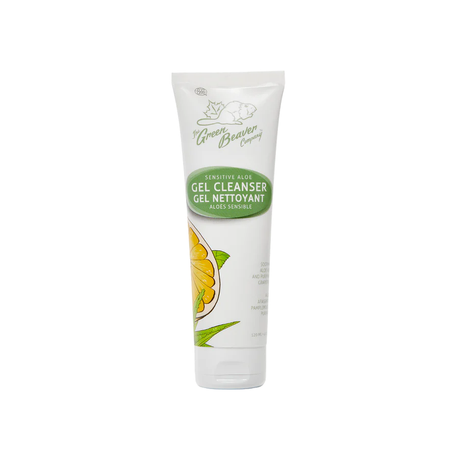 A plastic tube of Green beaver aloe gel face cleanser for sensitive skin with no background