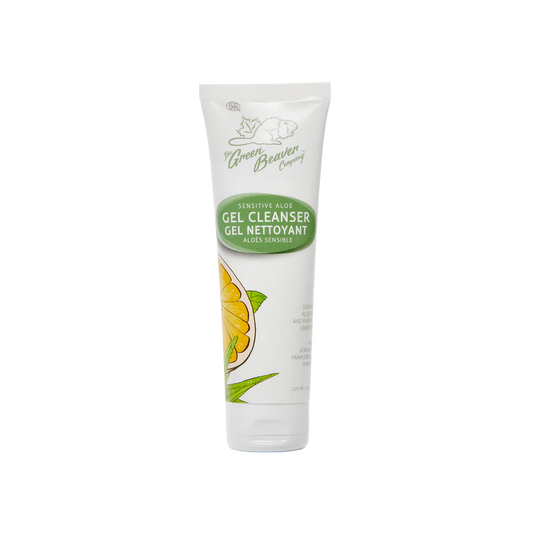 A plastic tube of Green beaver aloe gel face cleanser for sensitive skin with no background