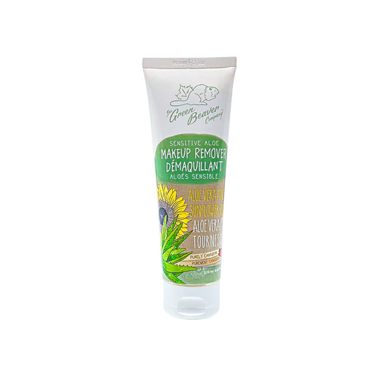 A plastic tube of Green beaver aloe makeup remover for sensitive skin with no background