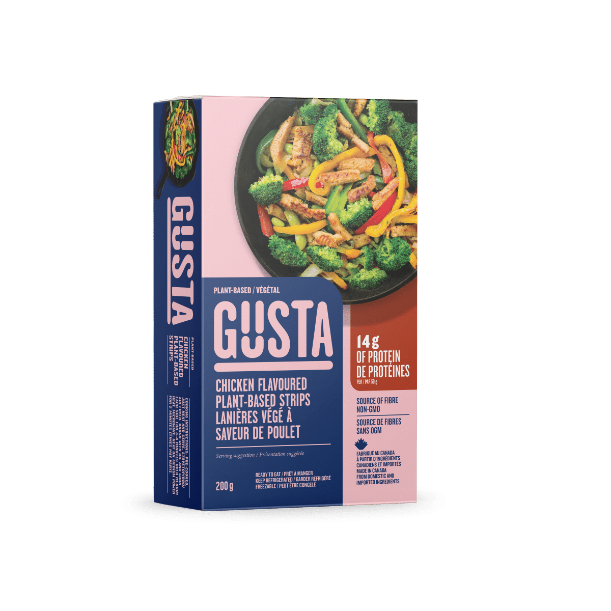 A box of Gusta plant-based chicken-flavoured strips (200g), showing a stir-fry dish with vegetables and labeled as high-protein, non-GMO, and plant-based