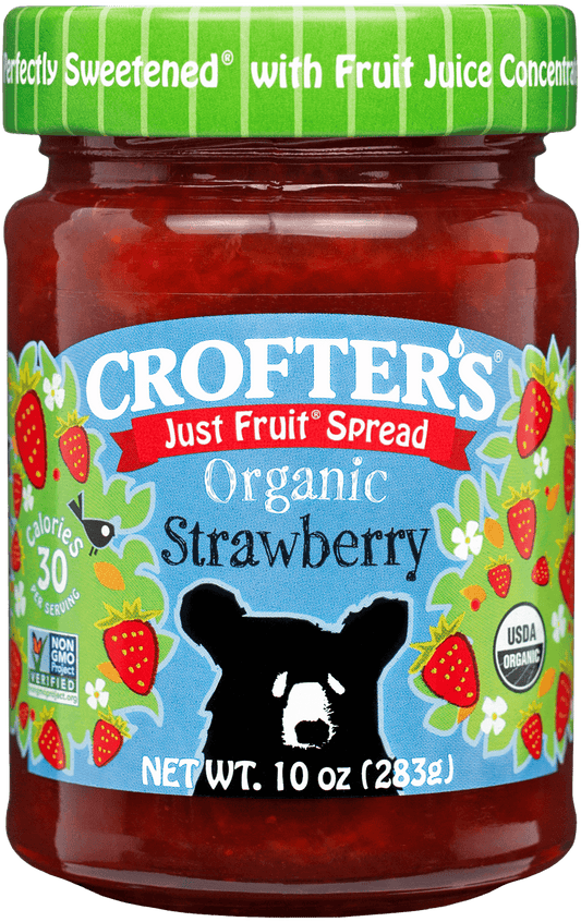 Jar of Crofter's Organic Strawberry Just Fruit Spread with blue label and green lid