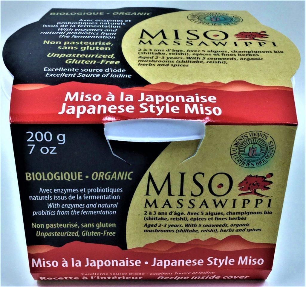 A jar of Aliments Massawippi Japanese-style miso (200g), showing a rich fermented soybean paste used for soups and seasoning