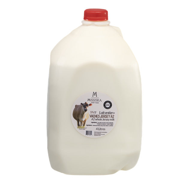 A large 4L jug of Missiska A2 Jersey whole milk (5% fat), non-homogenized, known for its rich, creamy texture and natural appearance