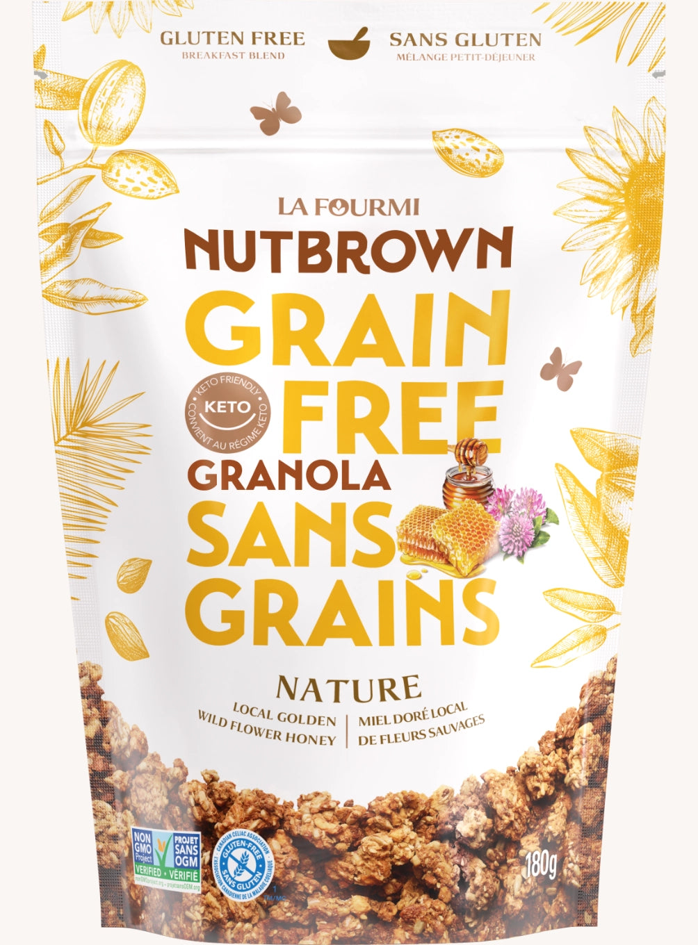 A pouch of La Fourmi Nutbrown grain-free granola “Aphrodisia” (180g), featuring dark chocolate, Corinth raisins, and roasted almonds, labeled gluten-free and keto-friendly.