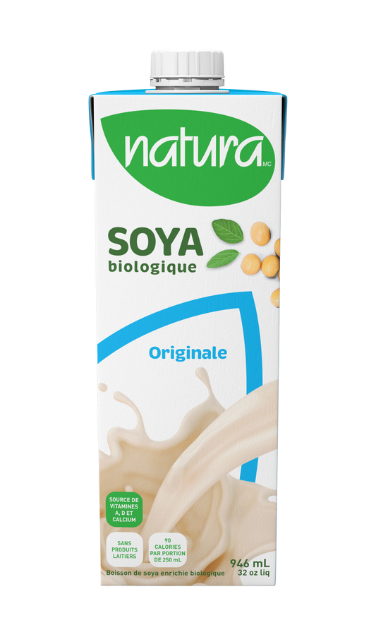 White milk carton of organic soy milk by Natura