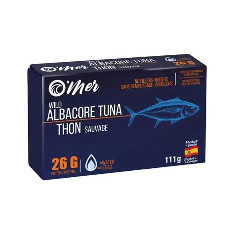 A can of O’MER wild caught albacore tuna, featuring premium tuna packed in a labeled seafood tin.