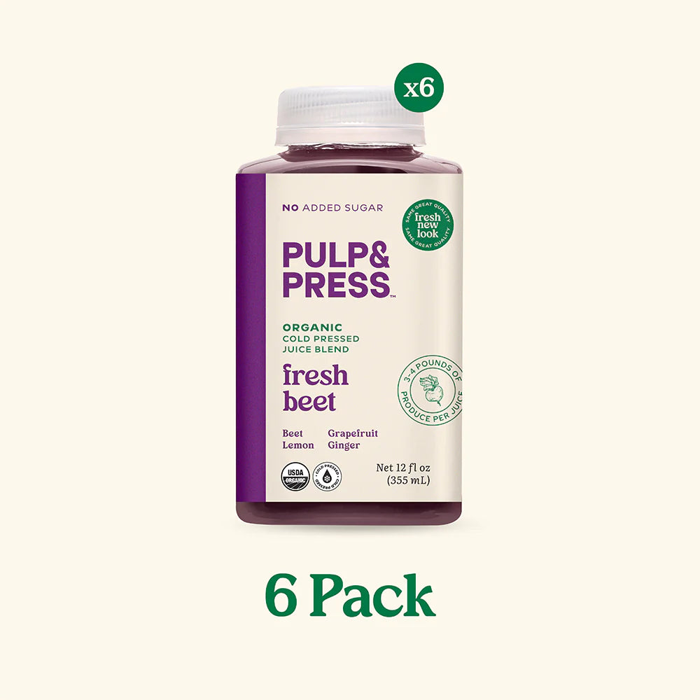 A bottle of Pulp & Press Juice Co. fresh beet juice, featuring a deep red color with a naturally sweet and earthy flavor.