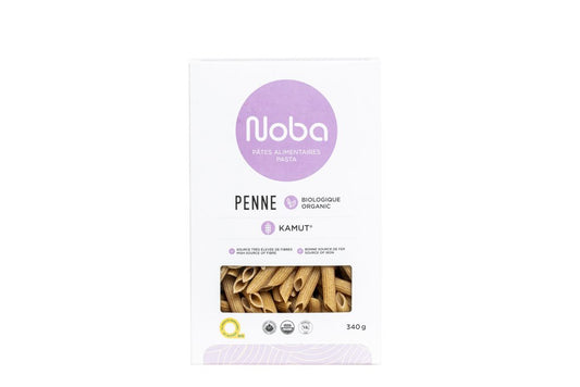White and purple box of organic Kamut penne pasta by Noba