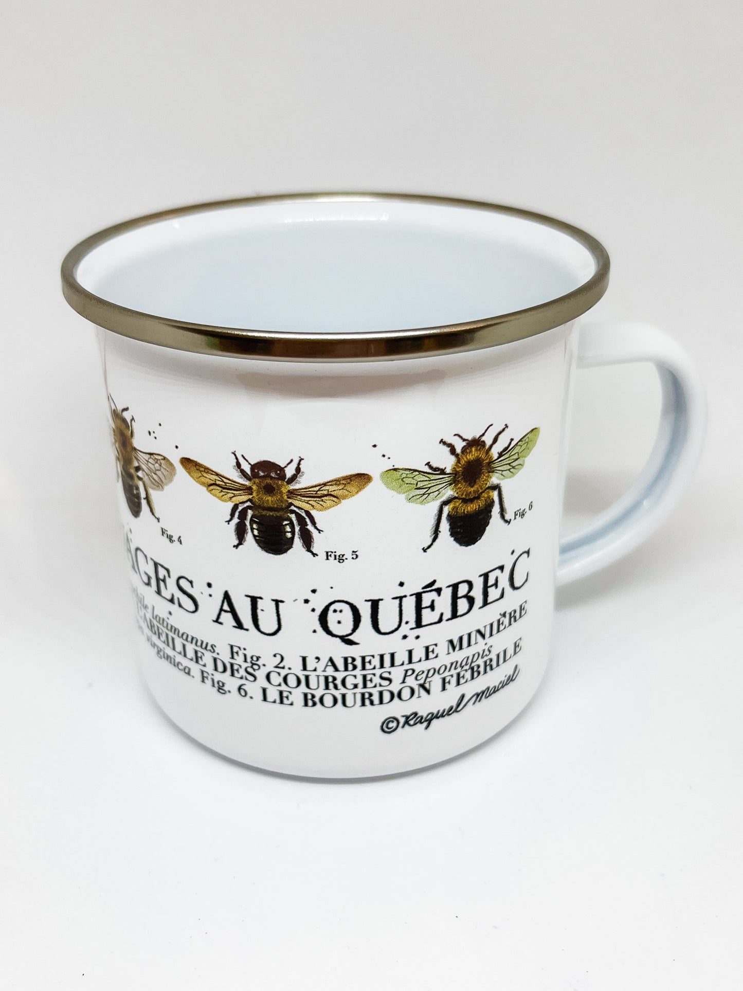 White enamel mug with silver rim and illustrations of wild quebec bees with text below identifying each bee