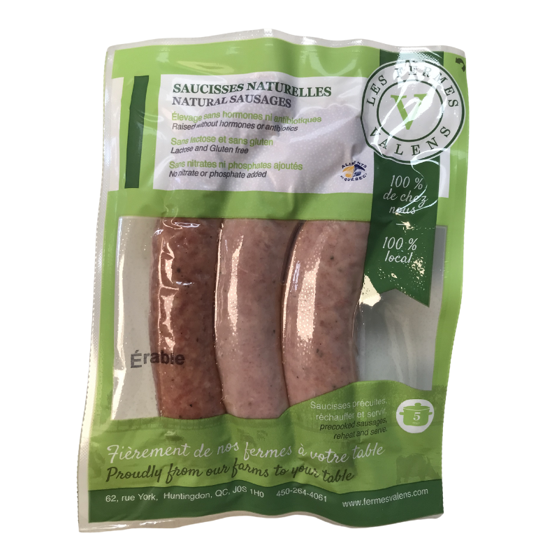 A package of Les Fermes Valens gluten-free natural mild Italian sausages, featuring seasoned sausages in sealed, branded packaging.