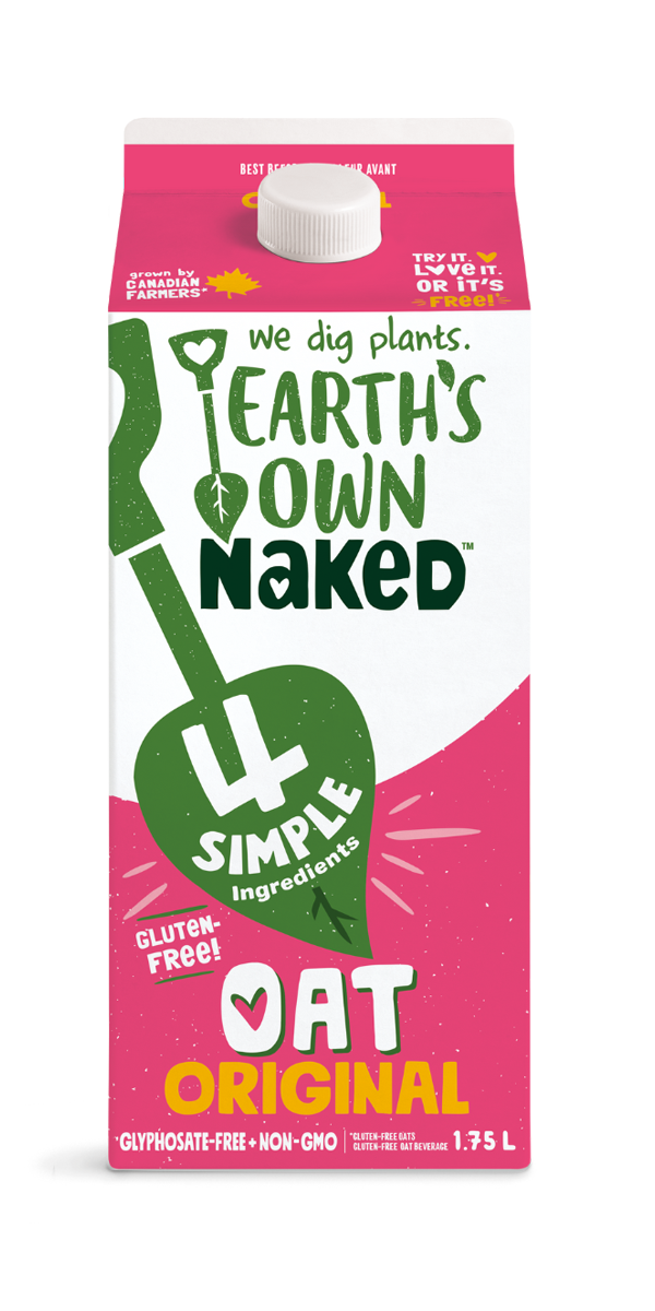 A carton of Earth’s Own Naked gluten-free original organic oat milk, featuring a plant-based milk alternative in branded packaging.