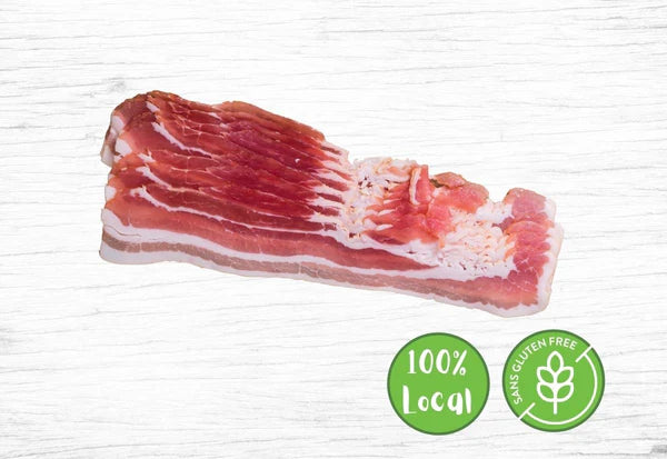 Les Fermes Valens smoked bacon (220g), showing sliced bacon with visible marbling and a rich, smoky color