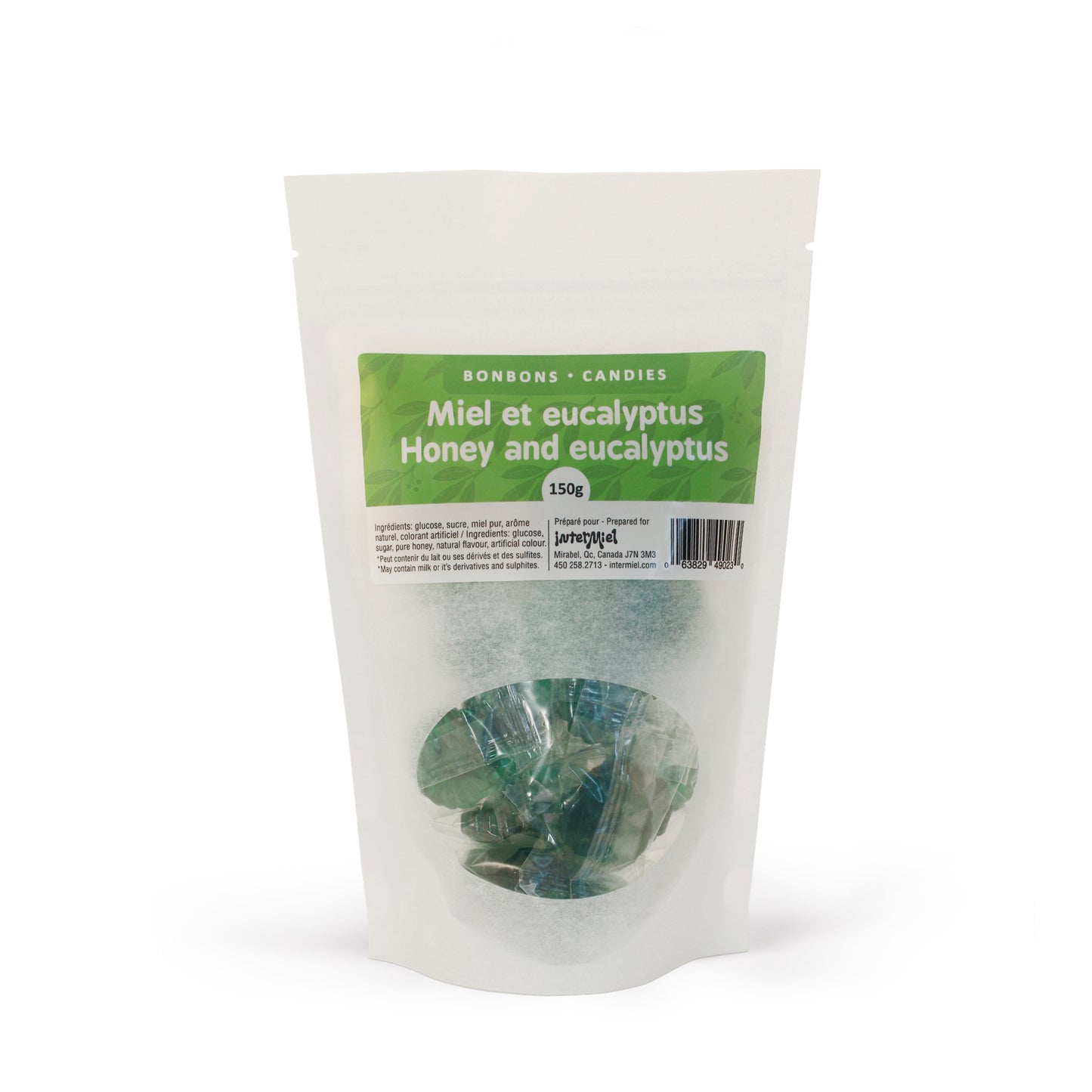 A white bag with green label with green honey and eucalyptus candies by Intermiel inside on white background