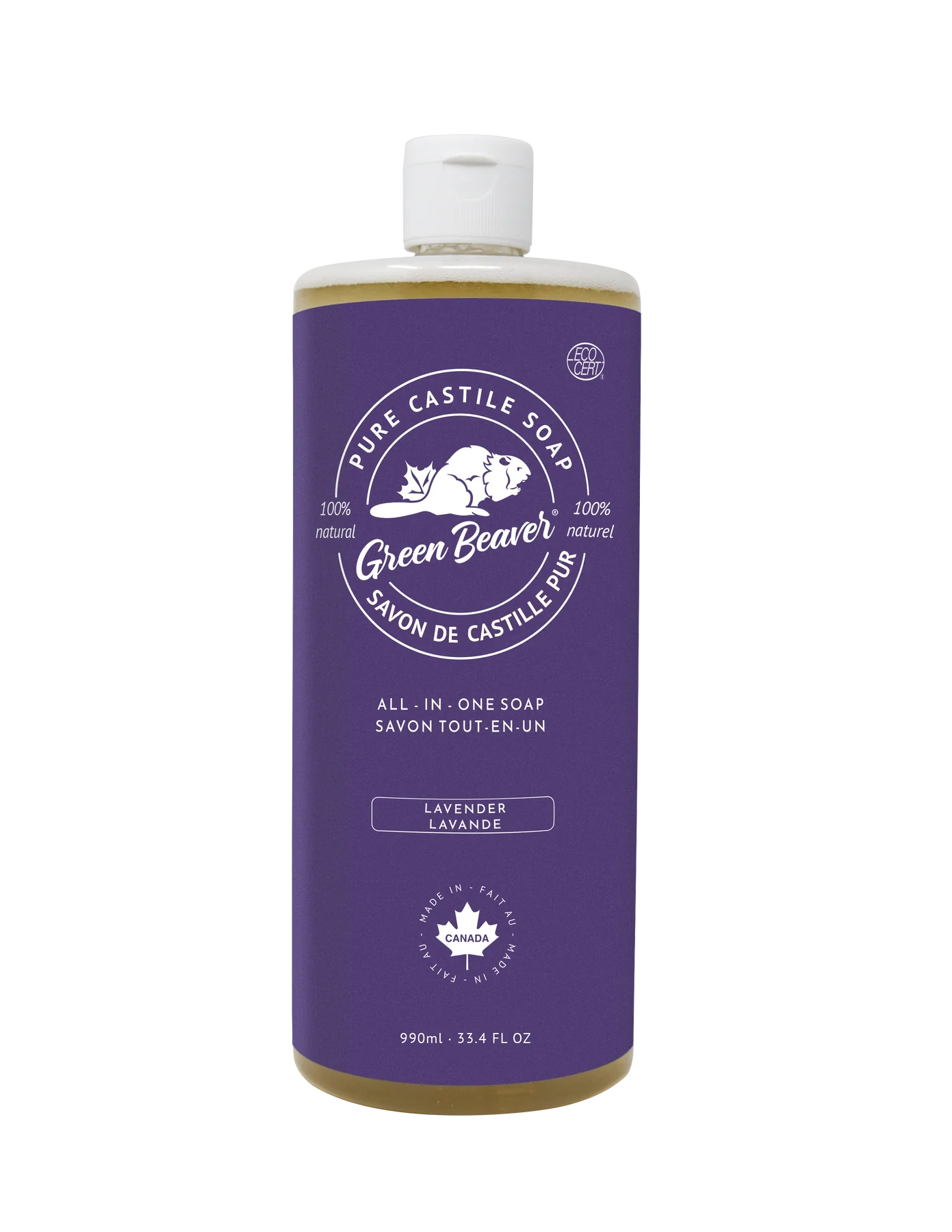 Bottle of lavender-scented pure castile soap by Green Beaver, with purple label