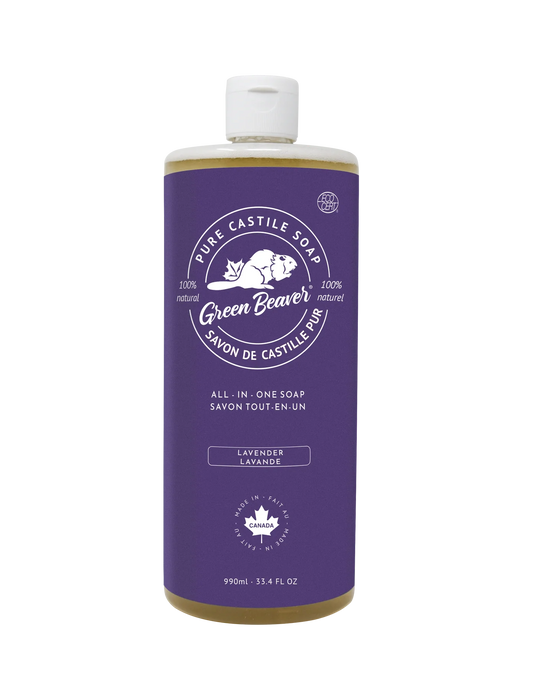 Bottle of lavender-scented pure castile soap  by Green Beaver, with purple label