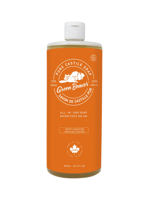 Bottle of Orange-scented castile soap by Green Beaver with orange label