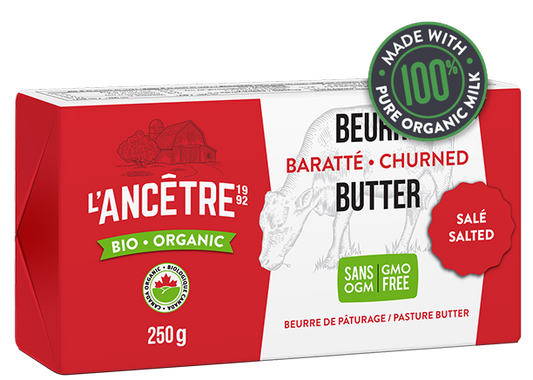Organic churned salted butter by L'Ancêtre in a red and white packaging